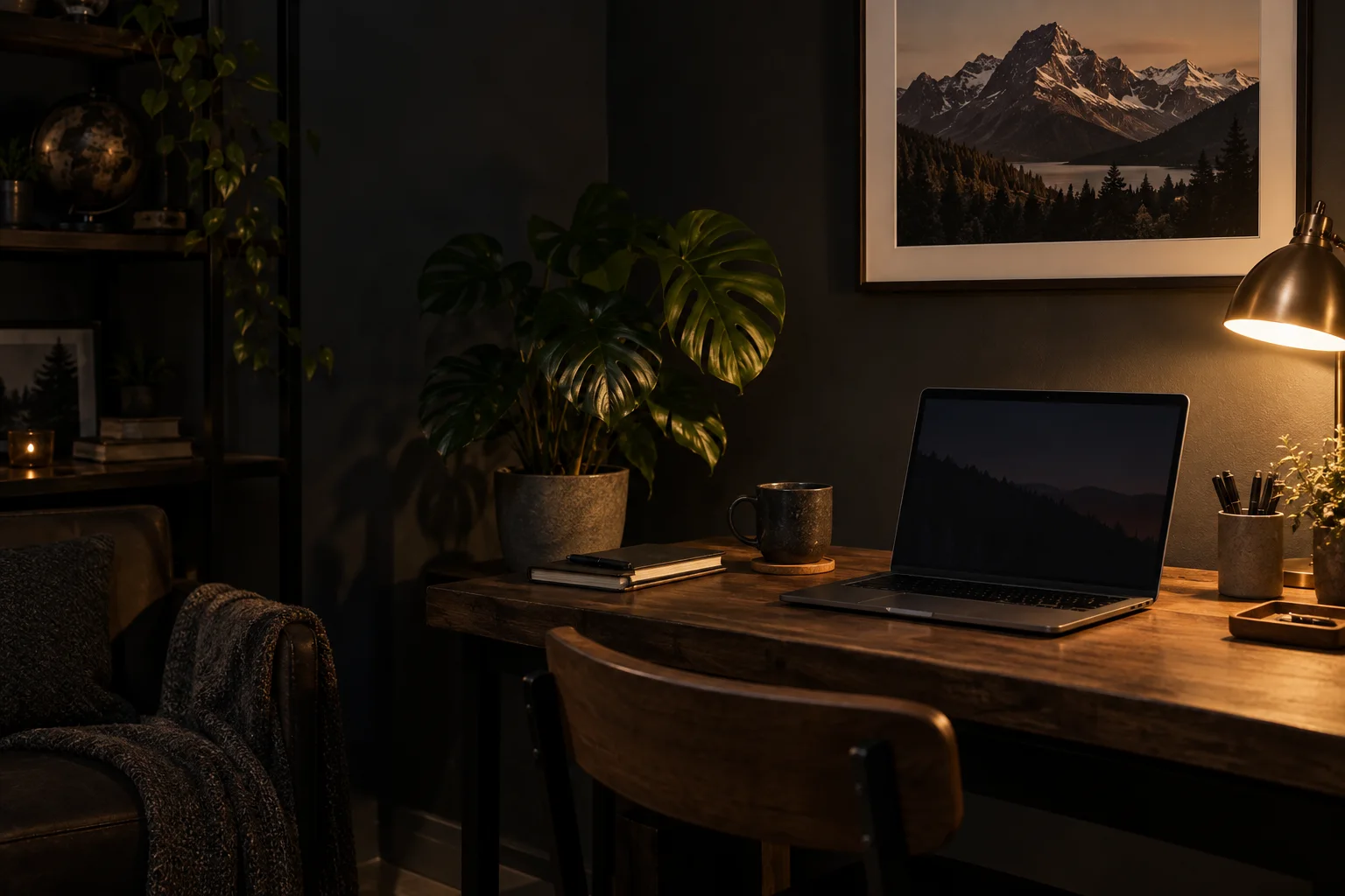 An illustrative desk with a laptop, plants and a mountain print.